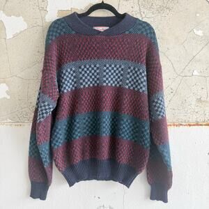 Vtg Sweater Checkerboard Stripe Colorblock Retro Knit Pullover Men L 90s Grandpa